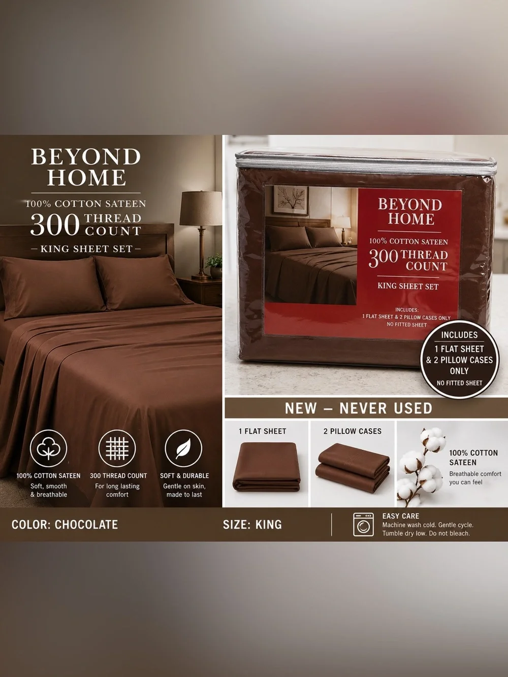 300 TC Cotton Sateen King Sheet Set - 2 pillow cases 1 sheet only